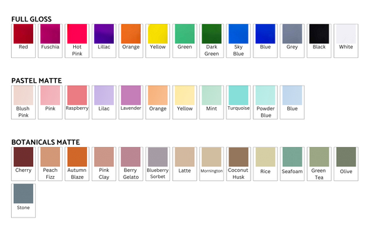 Image of our Standard Acrylic ranges showing Full Gloss, Pastel and Botanical.