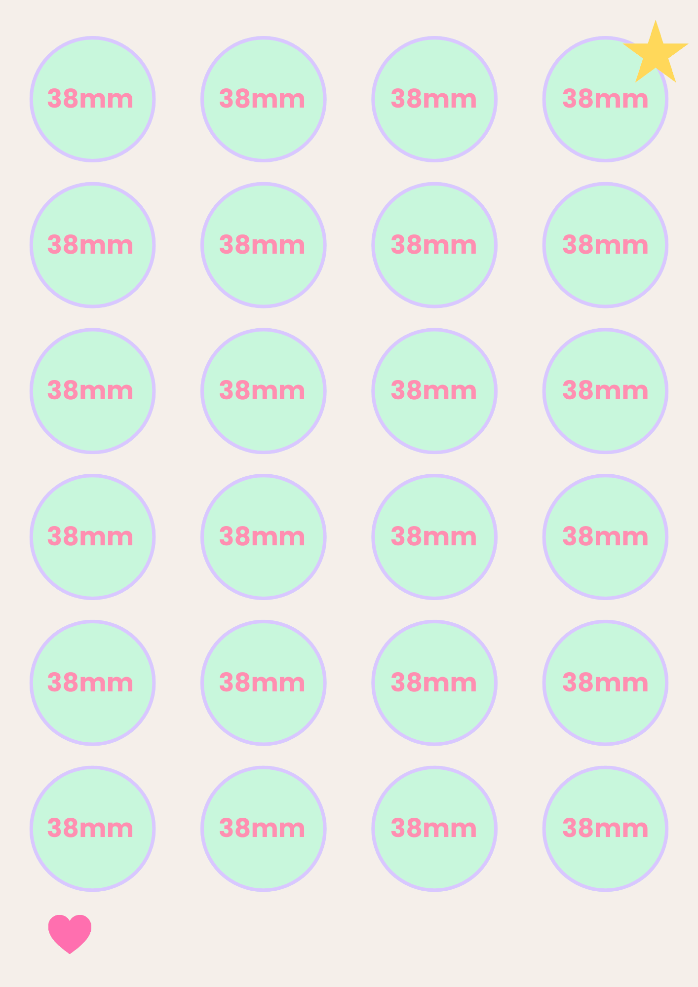 Multiple circular labels with '38mm' text on a light pink background