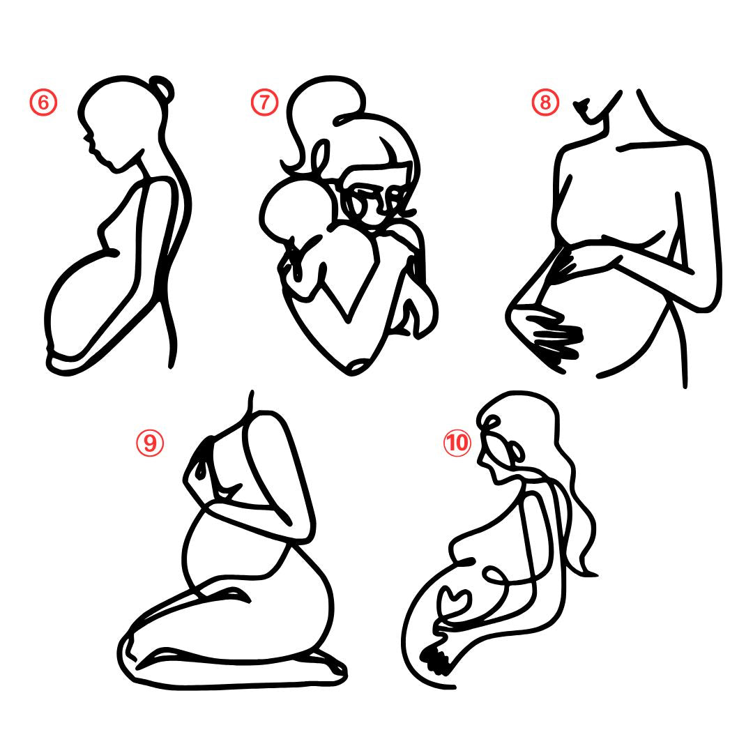 Options 6 through 10 of our pregnancy line art cake plaques.