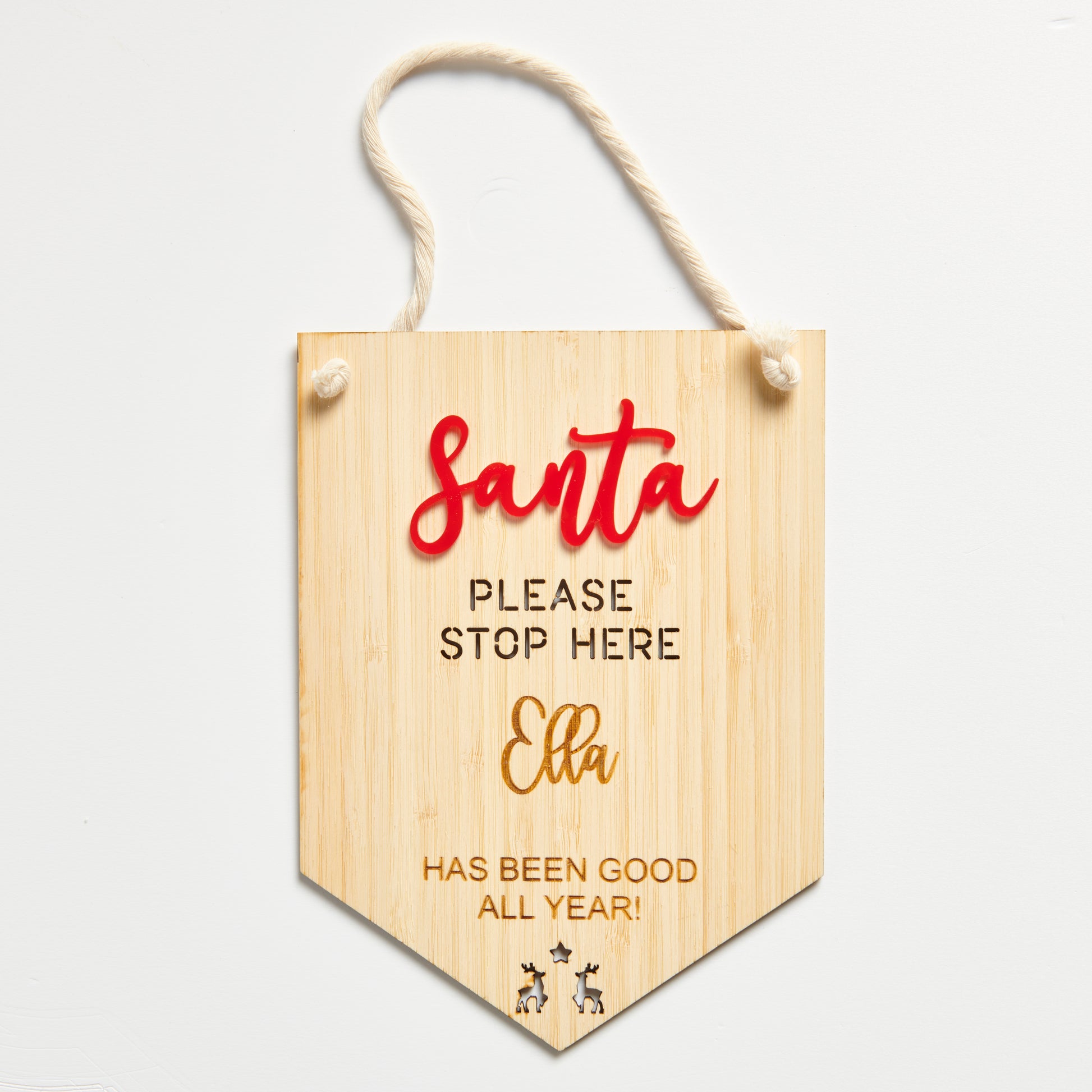 Product Photo of our Santa please stop here, sign.  Made from 3mm bamboo and red acrylic.