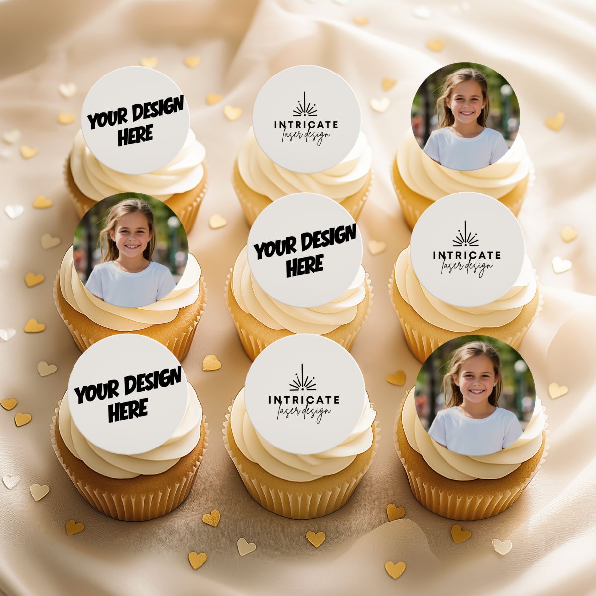 Cupcakes with personalized toppers featuring photos and text on a decorative background.