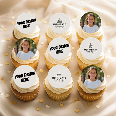 Cupcakes with personalized toppers featuring photos and text on a decorative background.
