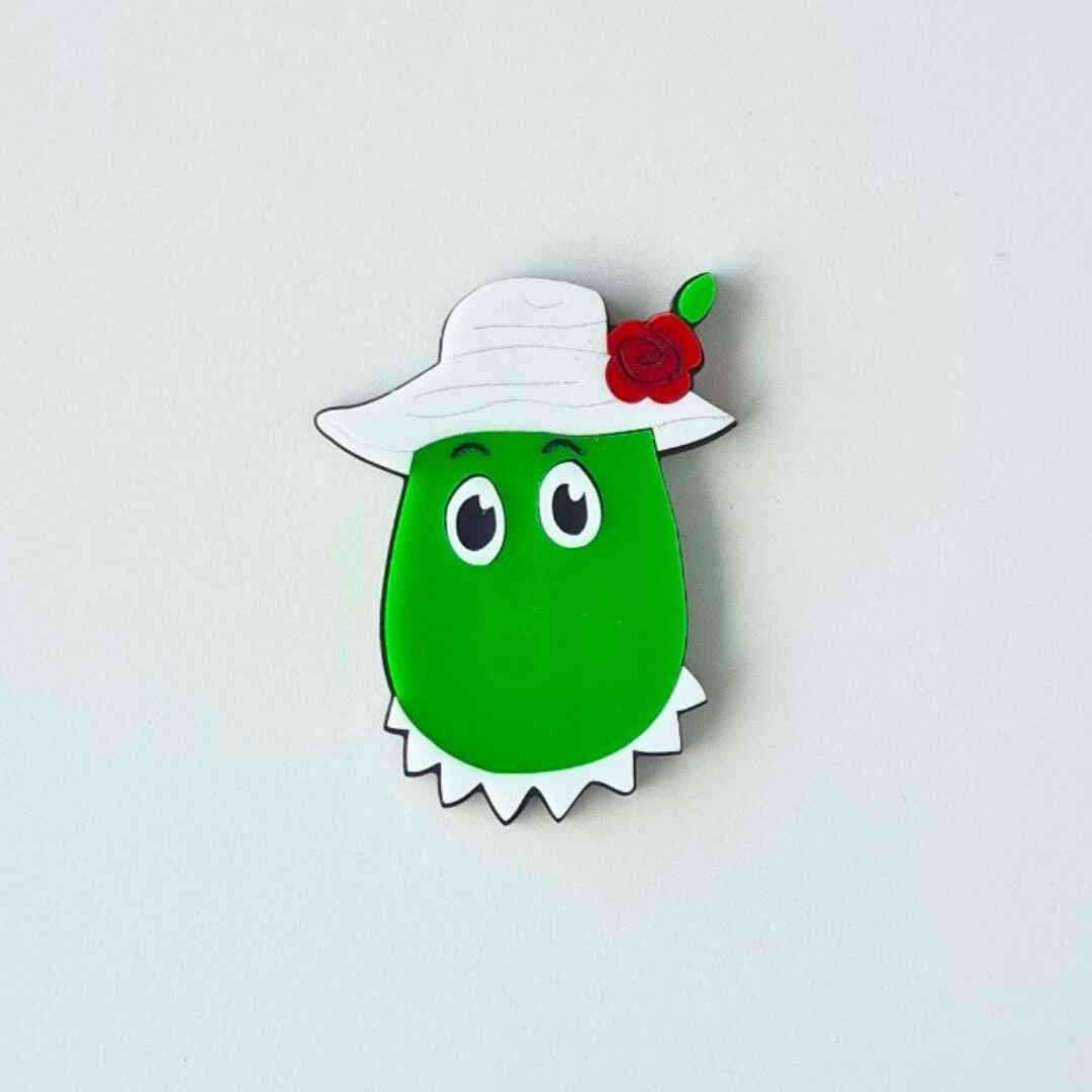 Green character with a white hat and red flower on awhite background